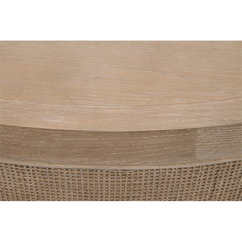 Pemberly Row Round Reclaimed Oak Cane Inlay Coffee Table in Gray