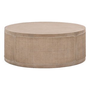 Pemberly Row Round Reclaimed Oak Cane Inlay Coffee Table in Gray