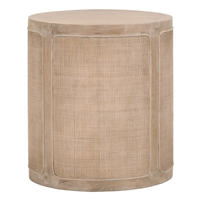 Pemberly Row Round Reclaimed Oak Cane Inlay End Table in Gray