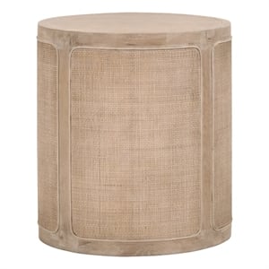 Pemberly Row Round Reclaimed Oak Cane Inlay End Table in Gray
