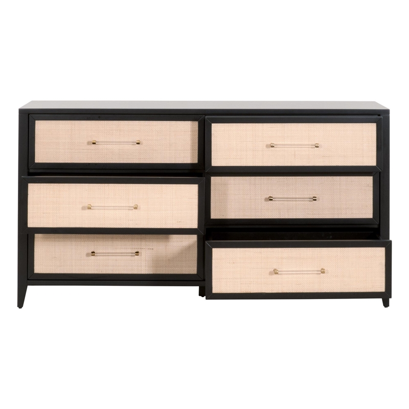Pemberly Row Rattan Inlay 6-Drawer Acacia Wood Dresser in Black