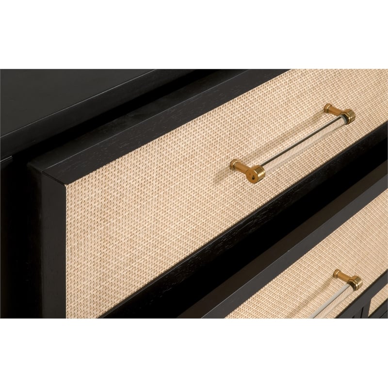 Pemberly Row Rattan Inlay 6-Drawer Acacia Wood Dresser in Black