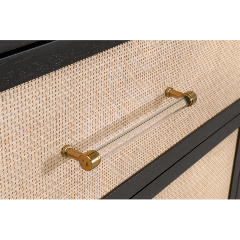 Pemberly Row Rattan Inlay 6-Drawer Acacia Wood Dresser in Black