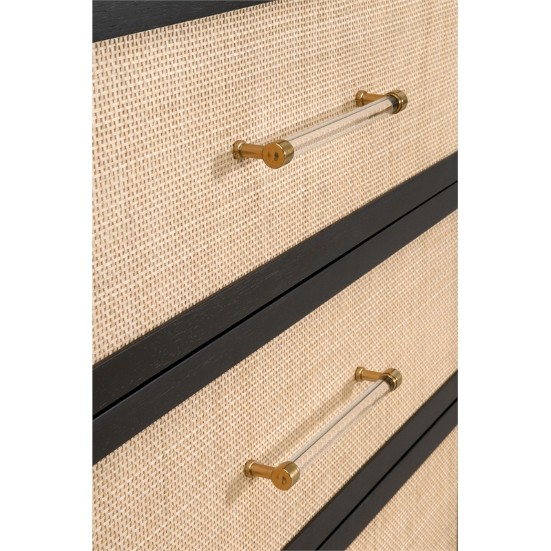 Pemberly Row Rattan Inlay 6-Drawer Acacia Wood Dresser in Black