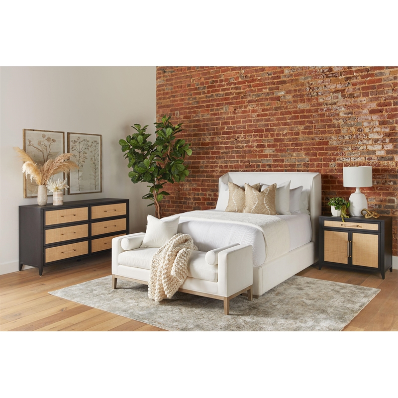 Pemberly Row Rattan Inlay 6-Drawer Acacia Wood Dresser in Black