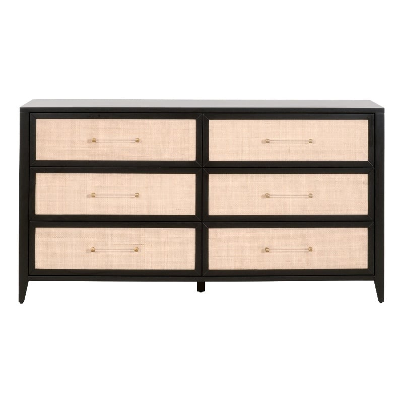 Pemberly Row Rattan Inlay 6-Drawer Acacia Wood Dresser in Black