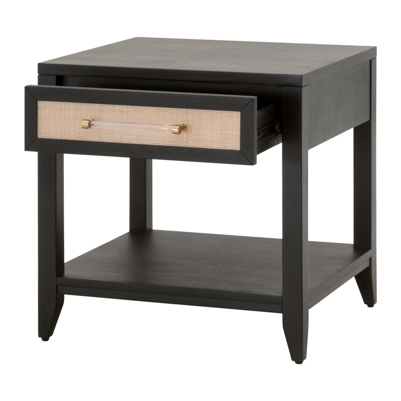 Pemberly Row Rattan Inlay Acacia Wood Side Table in Black/Natural