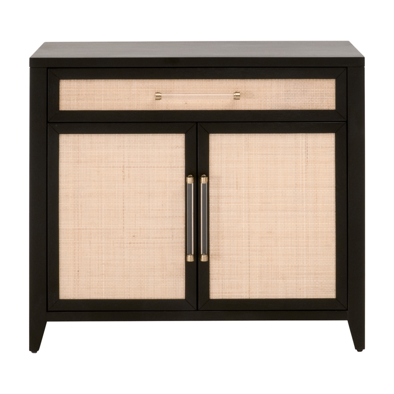 Pemberly Row Rattan Inlay Compact Wood Media Chest in Black/Natural