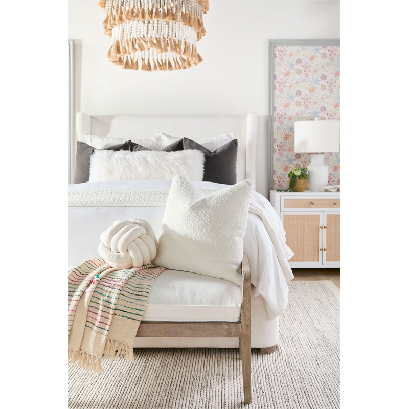 Pemberly Row Oak Cane Inlay Performance Fabric Bench in White/Gray