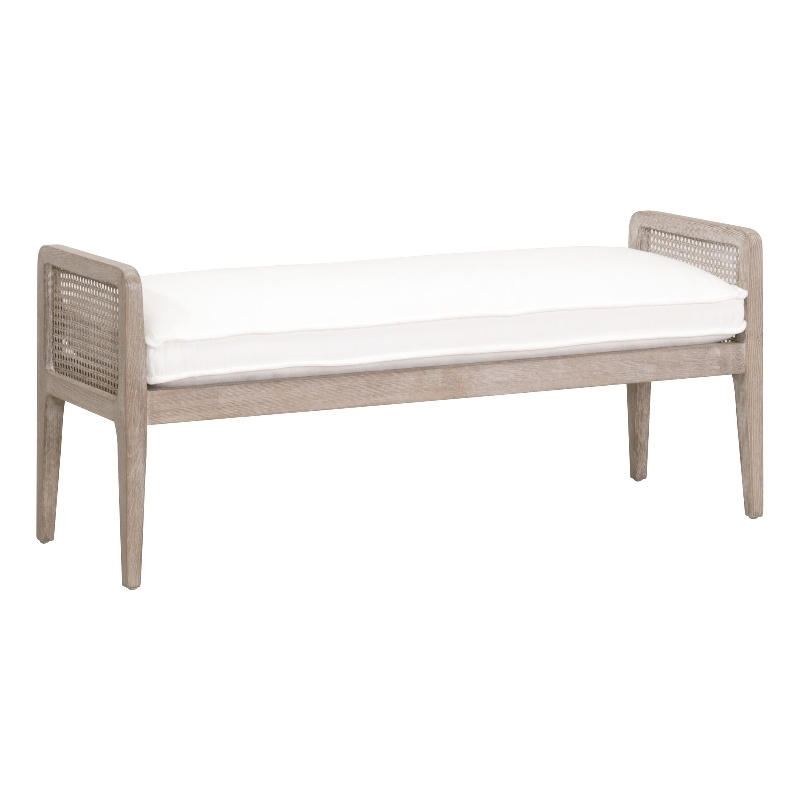 Pemberly Row Oak Cane Inlay Performance Fabric Bench in White/Gray
