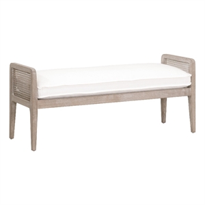 Pemberly Row Oak Cane Inlay Performance Fabric Bench in White/Gray