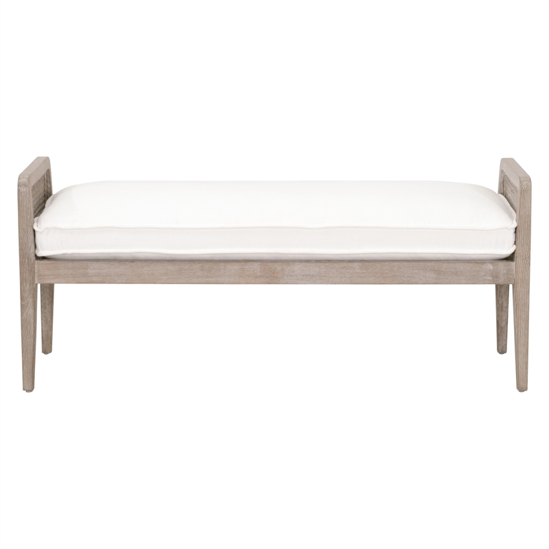Pemberly Row Oak Cane Inlay Performance Fabric Bench in White/Gray