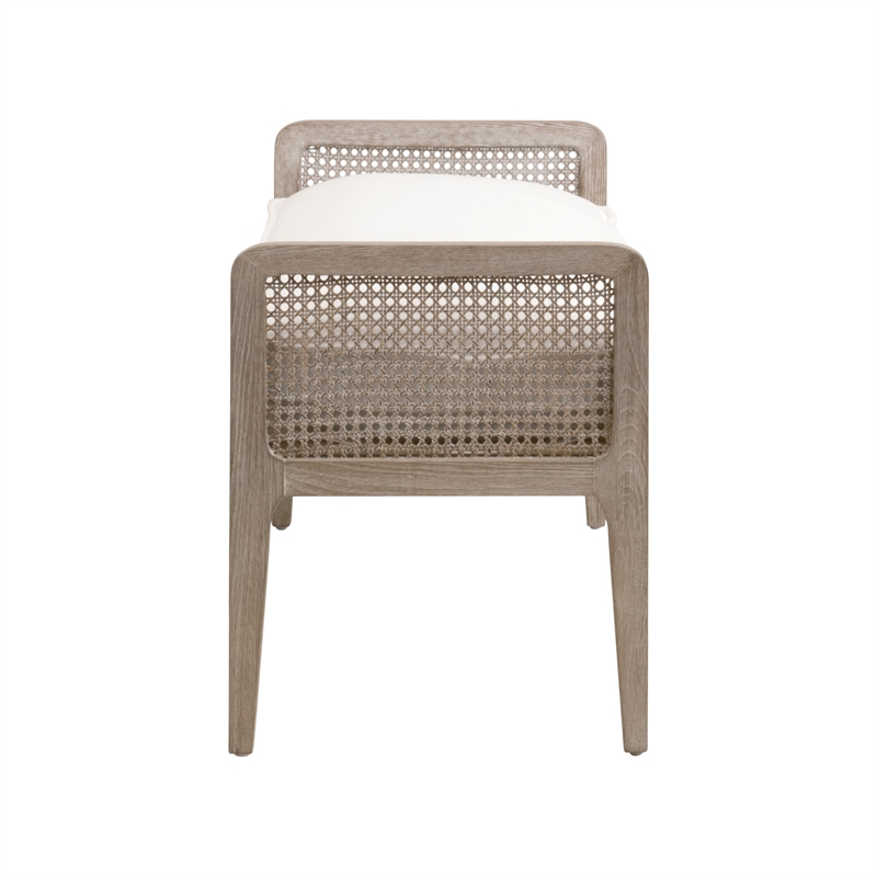Pemberly Row Oak Cane Inlay Performance Fabric Bench in White/Gray
