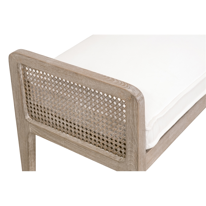 Pemberly Row Oak Cane Inlay Performance Fabric Bench in White/Gray