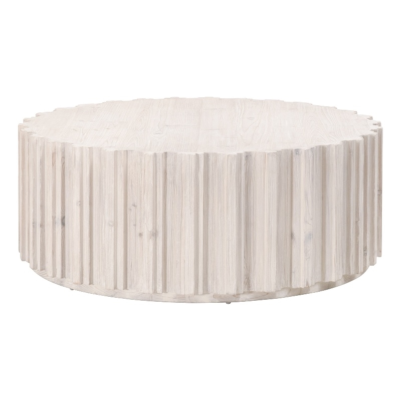 Pemberly Row Round Reclaimed Pine Fluted Plinth Coffee Table in White