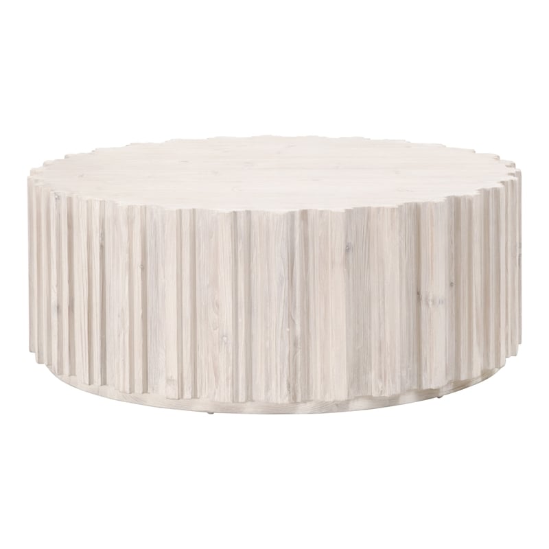 Pemberly Row Round Reclaimed Pine Fluted Plinth Coffee Table in White