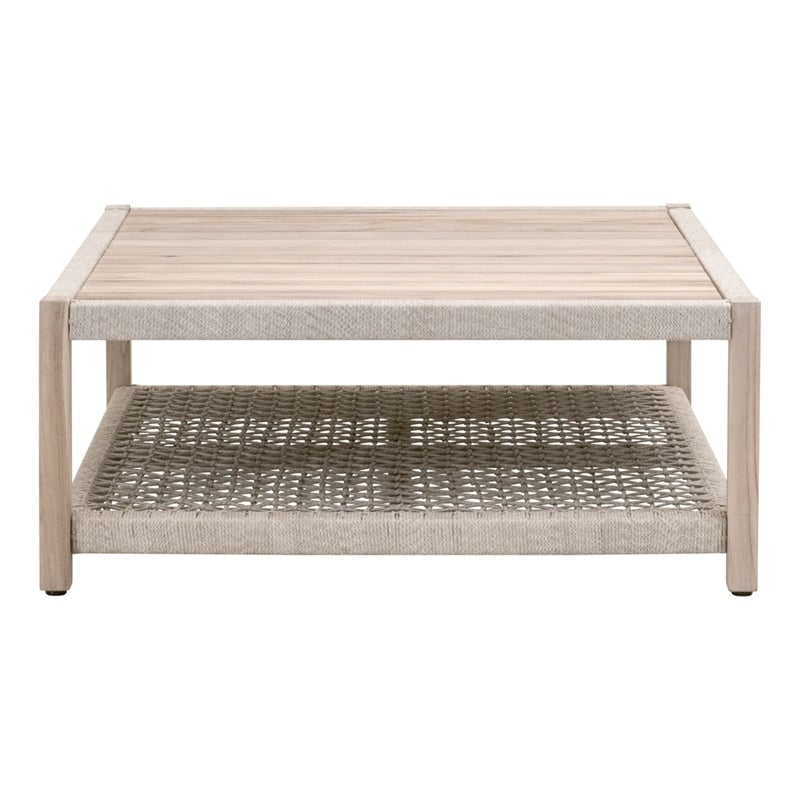 Pemberly Row Square Teak Rope Shelf Outdoor Coffee Table in Taupe