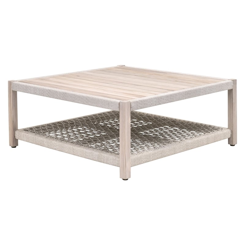 Pemberly Row Square Teak Rope Shelf Outdoor Coffee Table in Taupe