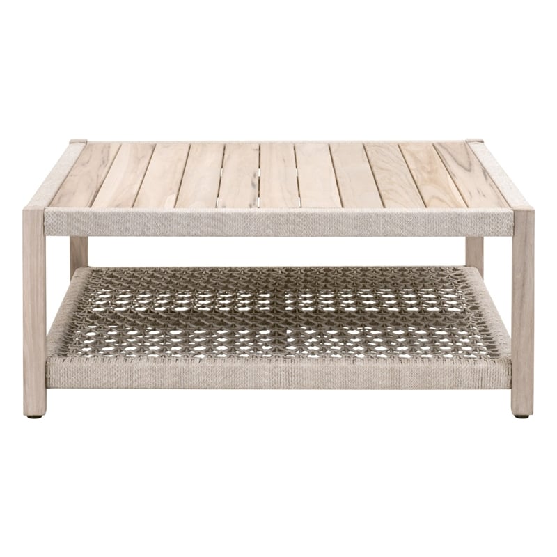 Pemberly Row Square Teak Rope Shelf Outdoor Coffee Table in Taupe