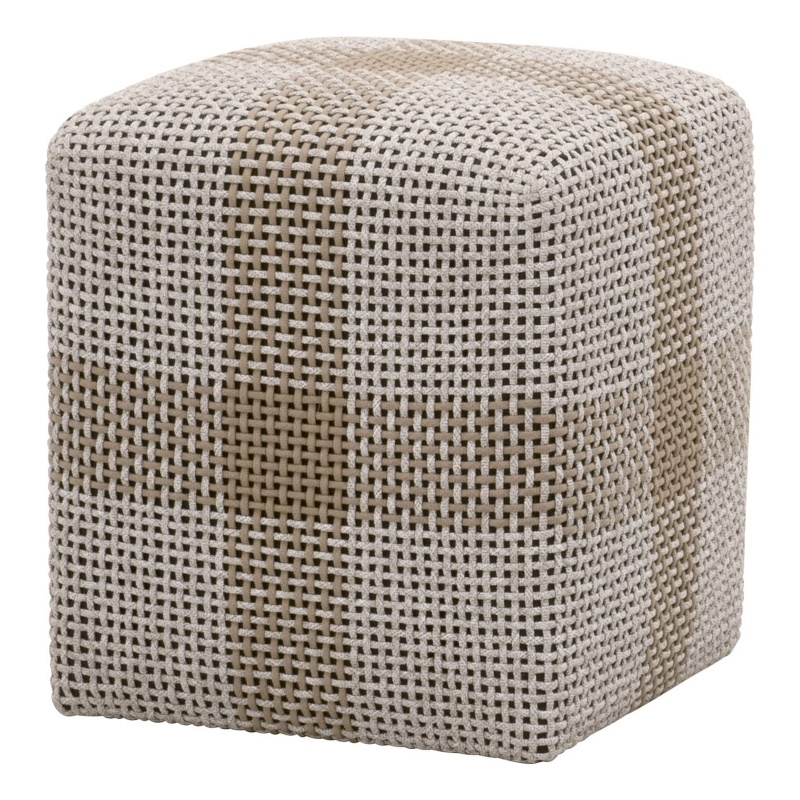 Pemberly Row Teak Rope Weave Indoor Outdoor Accent Cube in Taupe