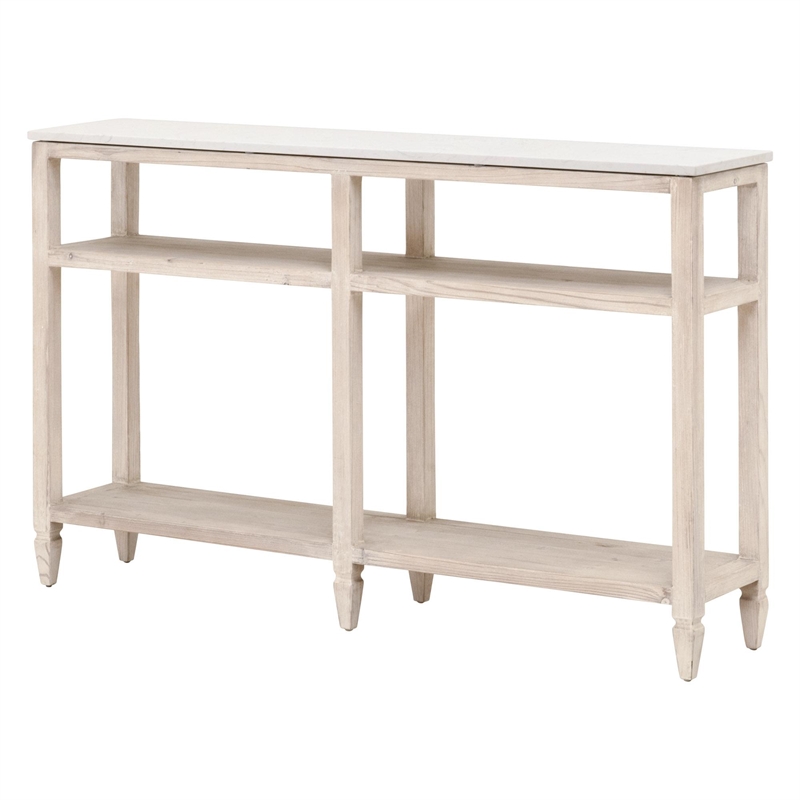 Pemberly Row Narrow Quartz Top Reclaimed Pine Console Table in White