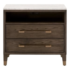 Pemberly Row 29&quot Oak Marble Top 2-Drawer Nightstand in Brown