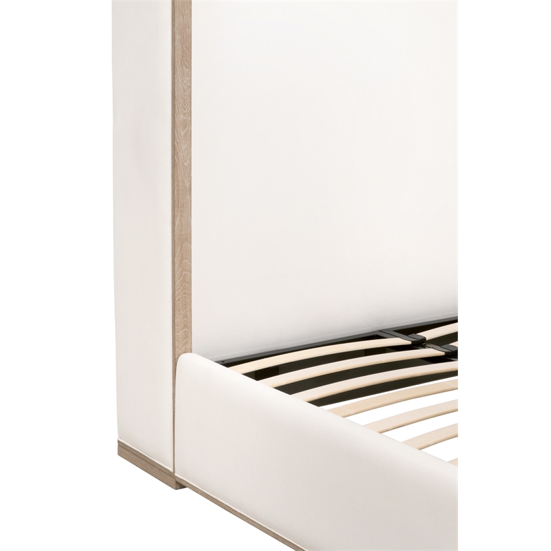 Pemberly Row Upholstered Oak Wing Shelter Queen Bed in Pearl