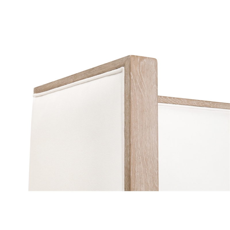 Pemberly Row Upholstered Oak Wing Shelter Queen Bed in Pearl