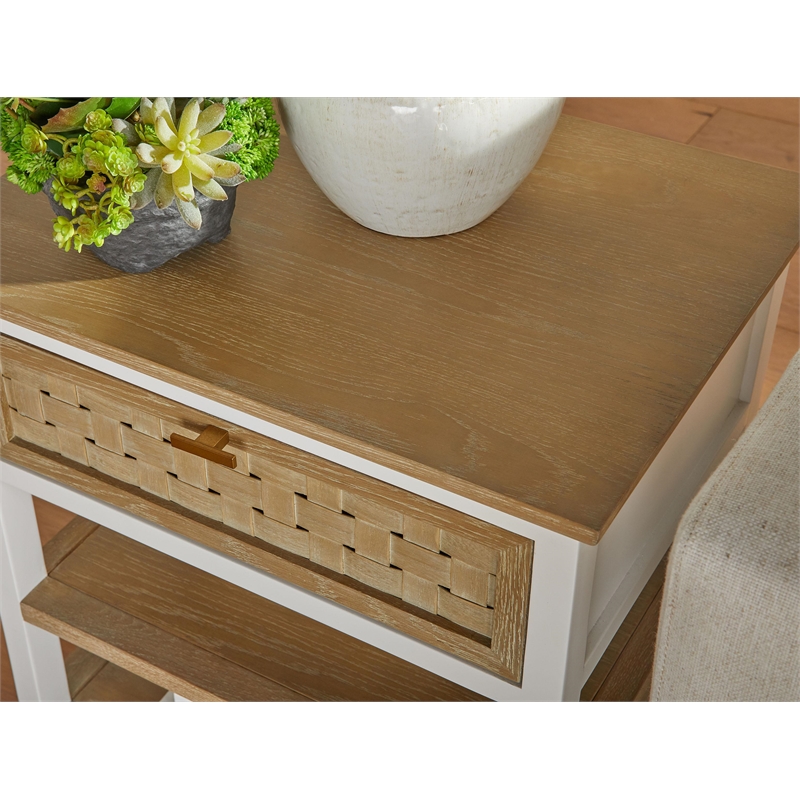 Pemberly Row Oak Basket Weave 1-Drawer Side Table in Smoke Gray