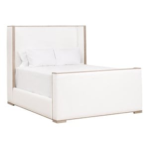Pemberly Row Contemporary Upholstered Oak Wing Shelter King Bed in Pearl