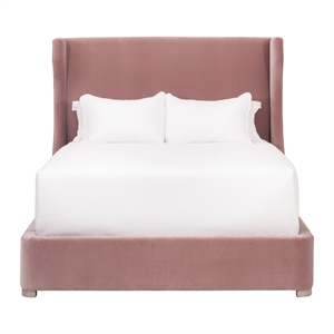 Pemberly Row 66.5&quot Petal Pink Velvet Wing Queen Bed in Natural Gray