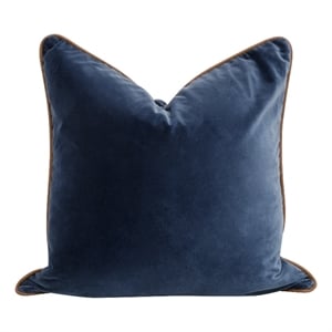 Pemberly Row 22&quot Velvet Down Pillow Set of 2 in Denim With Leather Piping