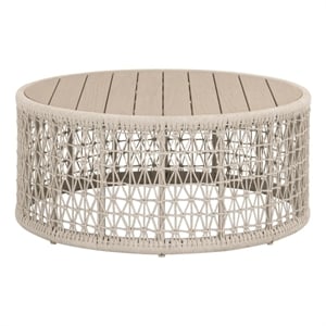 Pemberly Row Outdoor Rope and Teak Round Coffee Table 36&quot in Oat