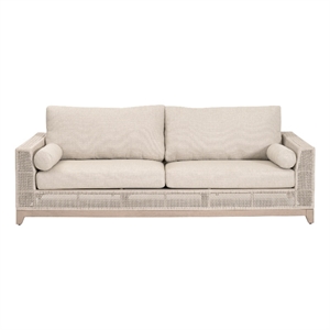 Pemberly Row Outdoor 90&quot Rope and Teak Sofa in Oat With Bolster Pillows