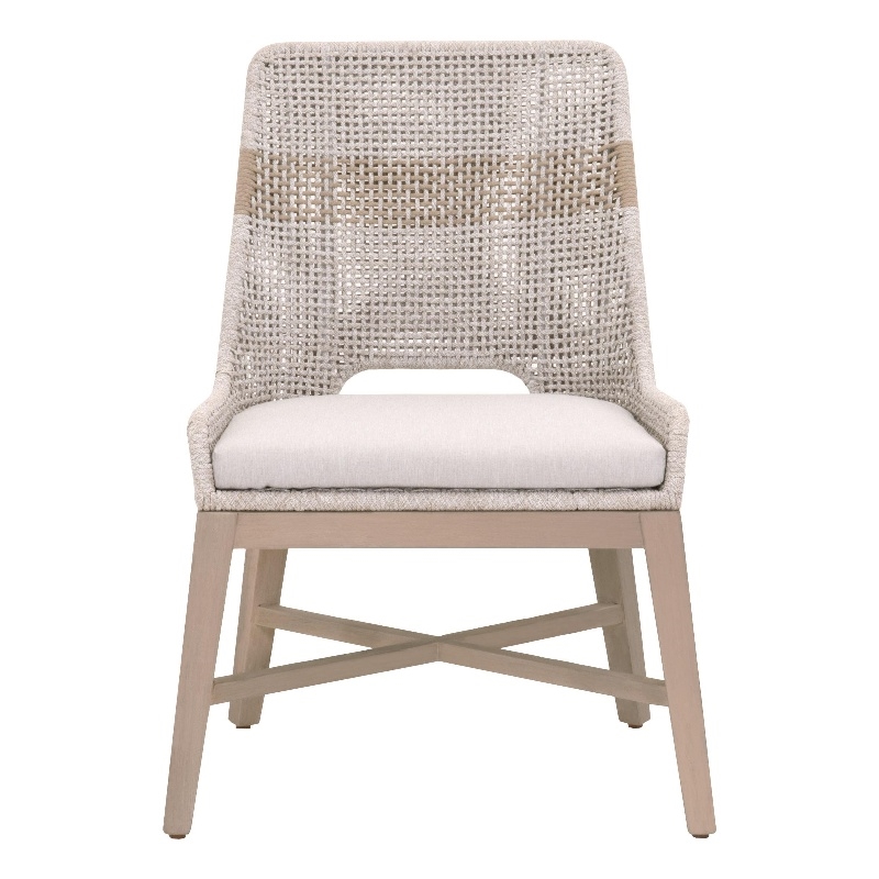 Pemberly Row Outdoor Woven Rope Teak Dining Chair in Taupe (Set of 2)