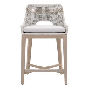 Pemberly Row Outdoor Woven Rope Teak Counter Stool 26&quot Seat in Taupe