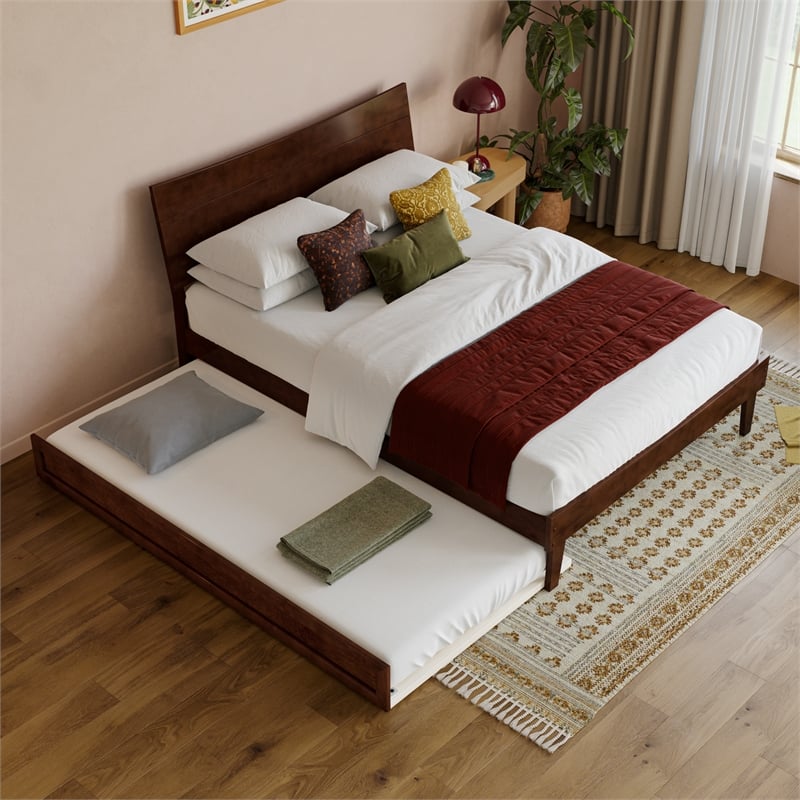 Pemberly Row Full Solid Wood Platform Bed with Twin Trundle in Walnut