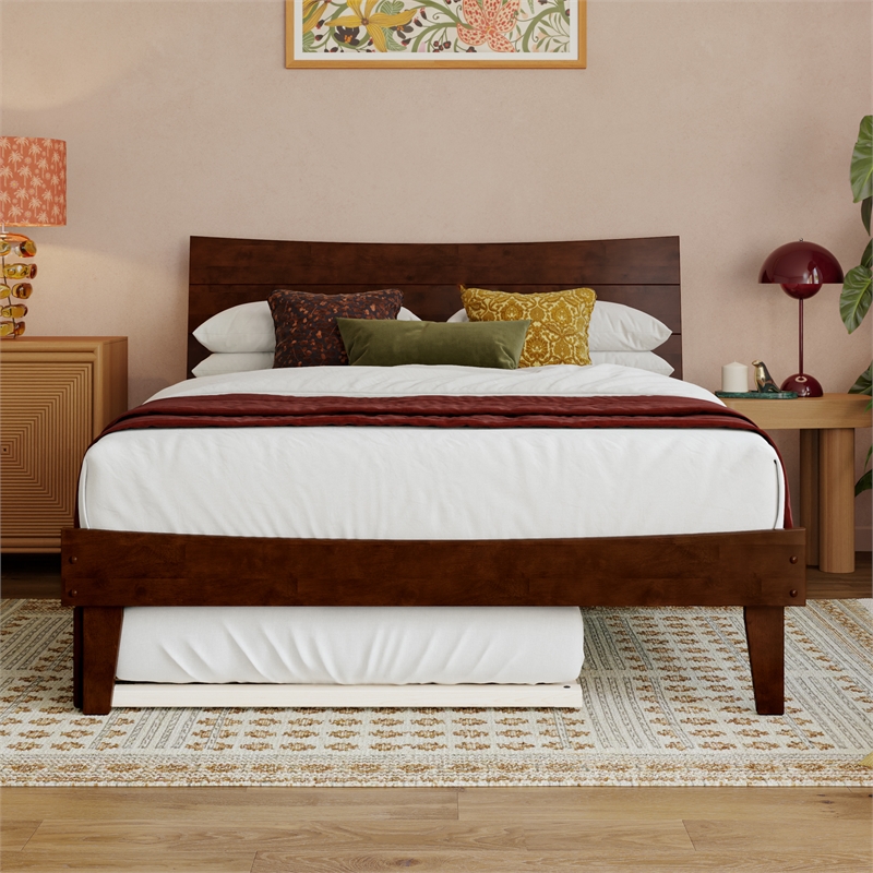 Pemberly Row Full Solid Wood Platform Bed with Twin Trundle in Walnut