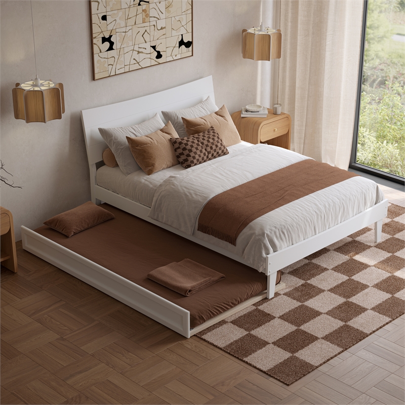 Pemberly Row Full Solid Wood Platform Bed with Twin Trundle in White