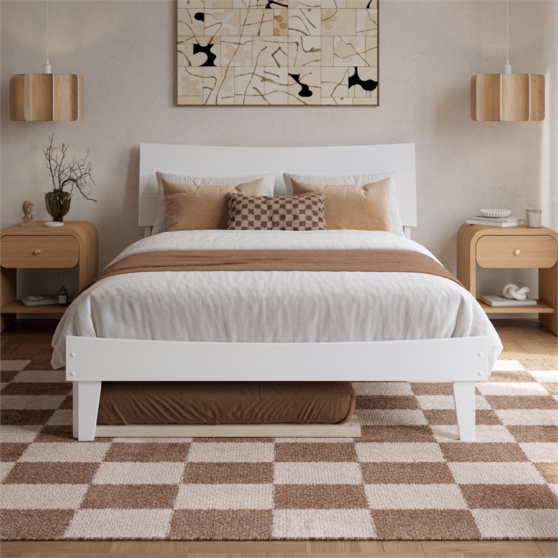 Pemberly Row Full Solid Wood Platform Bed with Twin Trundle in White