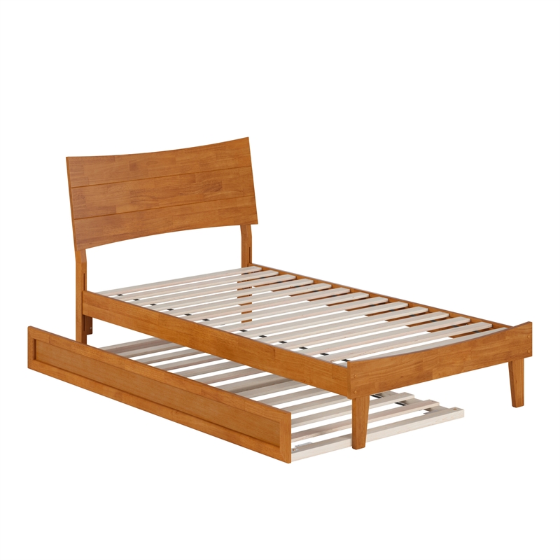Pemberly Row Twin Solid Wood Platform Bed with Trundle in Light Toffee