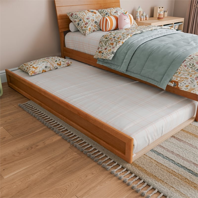 Pemberly Row Twin Solid Wood Platform Bed with Trundle in Light Toffee