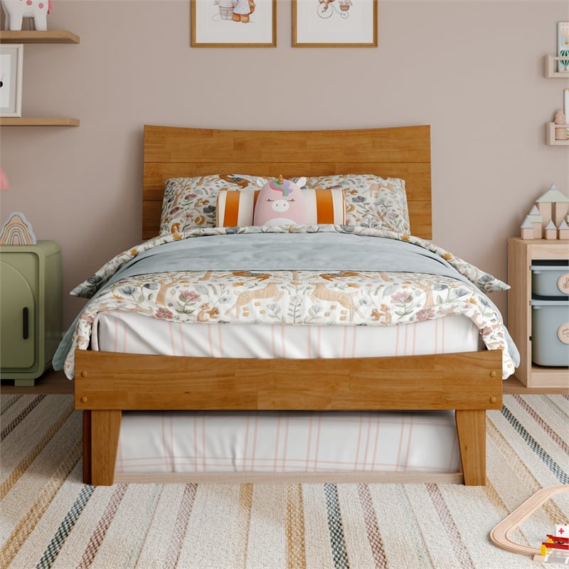 Pemberly Row Twin Solid Wood Platform Bed with Trundle in Light Toffee