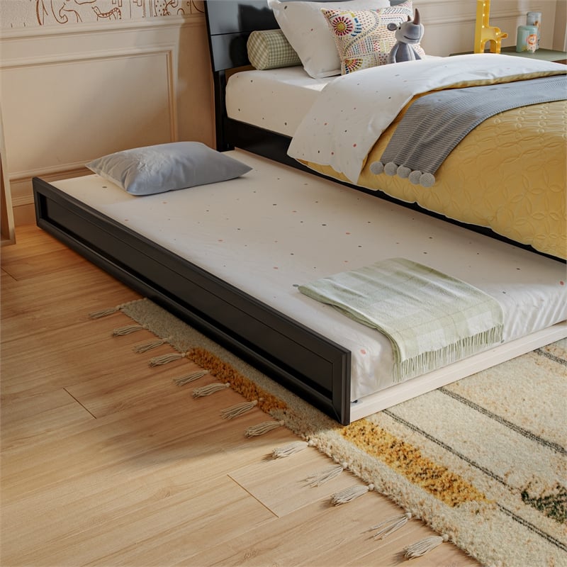Pemberly Row Twin Solid Wood Platform Bed with Twin Trundle in Black