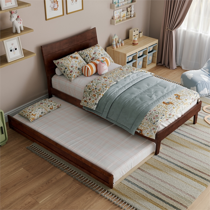 Pemberly Row Twin Solid Wood Platform Bed with Twin Trundle in Walnut