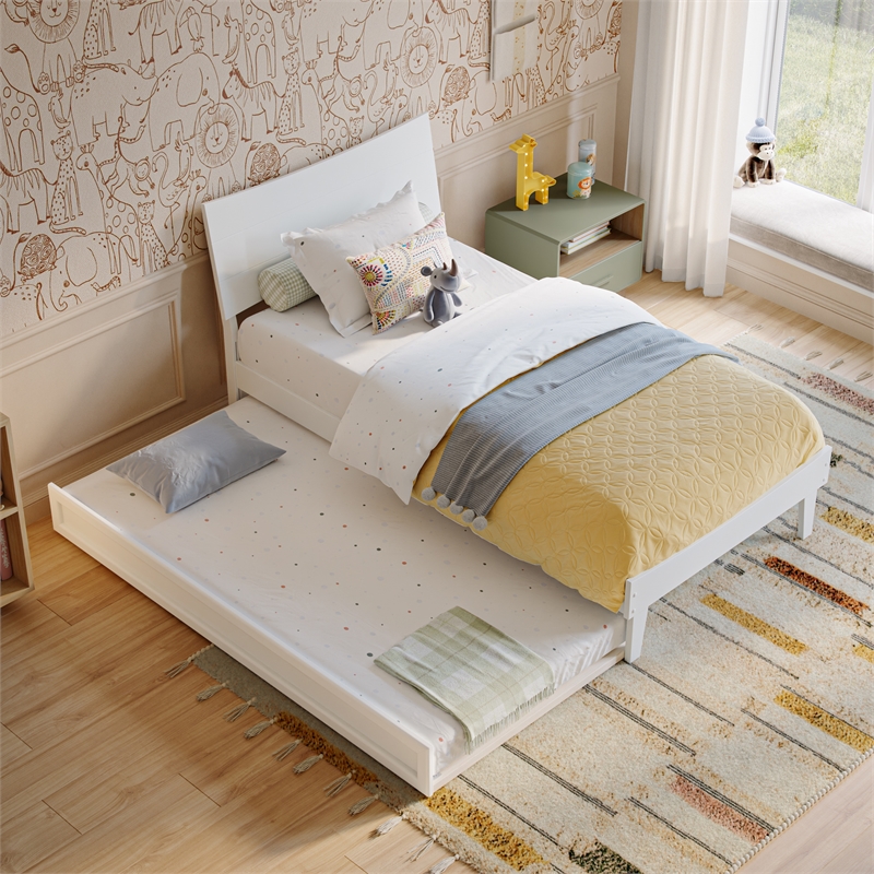 Pemberly Row Twin Solid Wood Platform Bed with Trundle in White