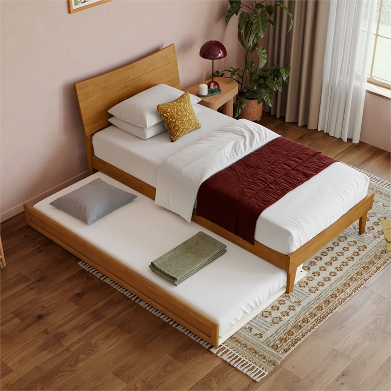 Pemberly Row Twin XL Solid Wood Platform Bed with Trundle in Light Toffee