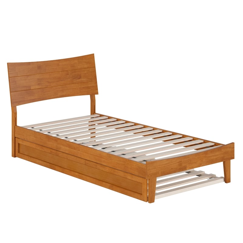 Pemberly Row Twin XL Solid Wood Platform Bed with Trundle in Light Toffee