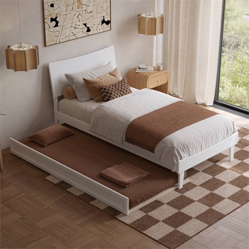 Pemberly Row Twin XL Solid Wood Platform Bed with Trundle in White