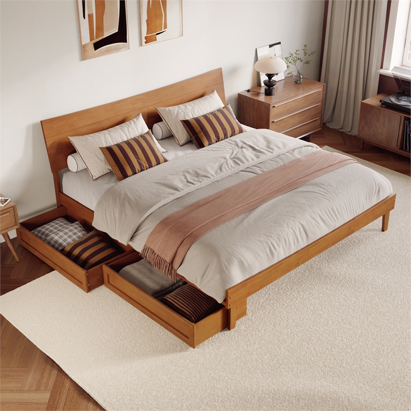 Pemberly Row King Solid Wood Platform Bed with Storage Drawers in Light Toffee